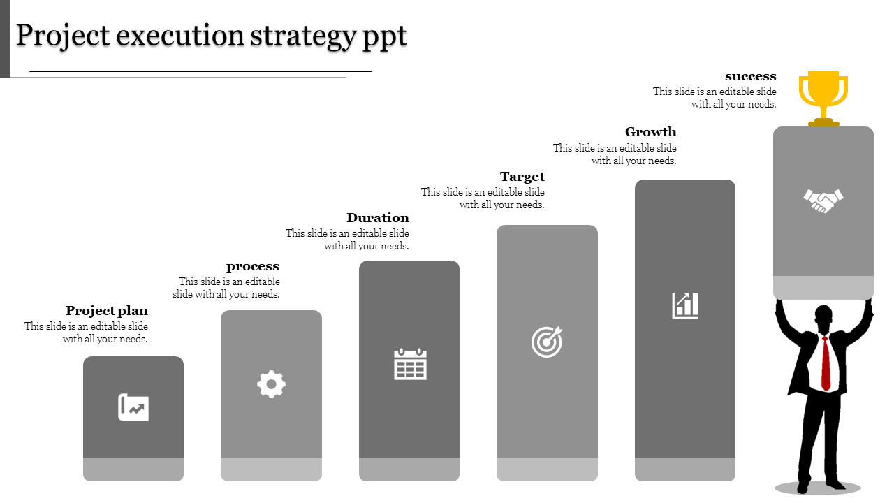 Stepwise bar chart with six ascending blocks in gray, depicting project phases from planning to success with icons.