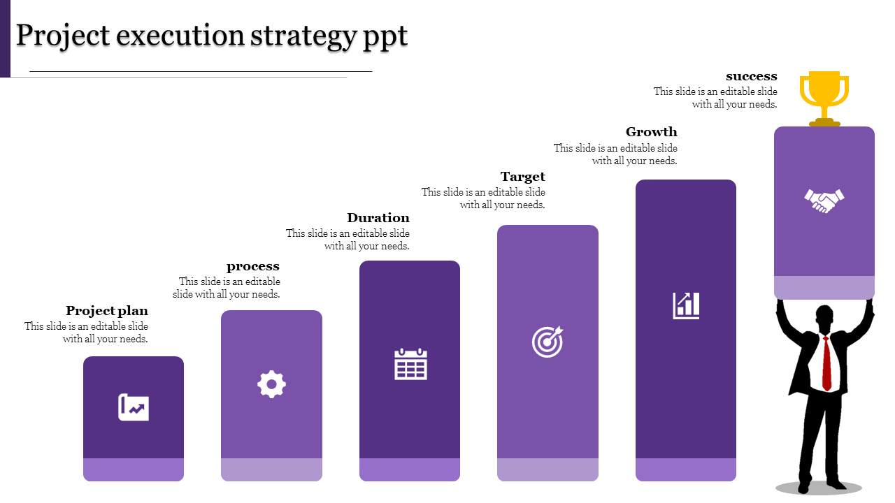 Six purple ascending blocks with icons and text, showing project phases, ending with a trophy on top representing success.
