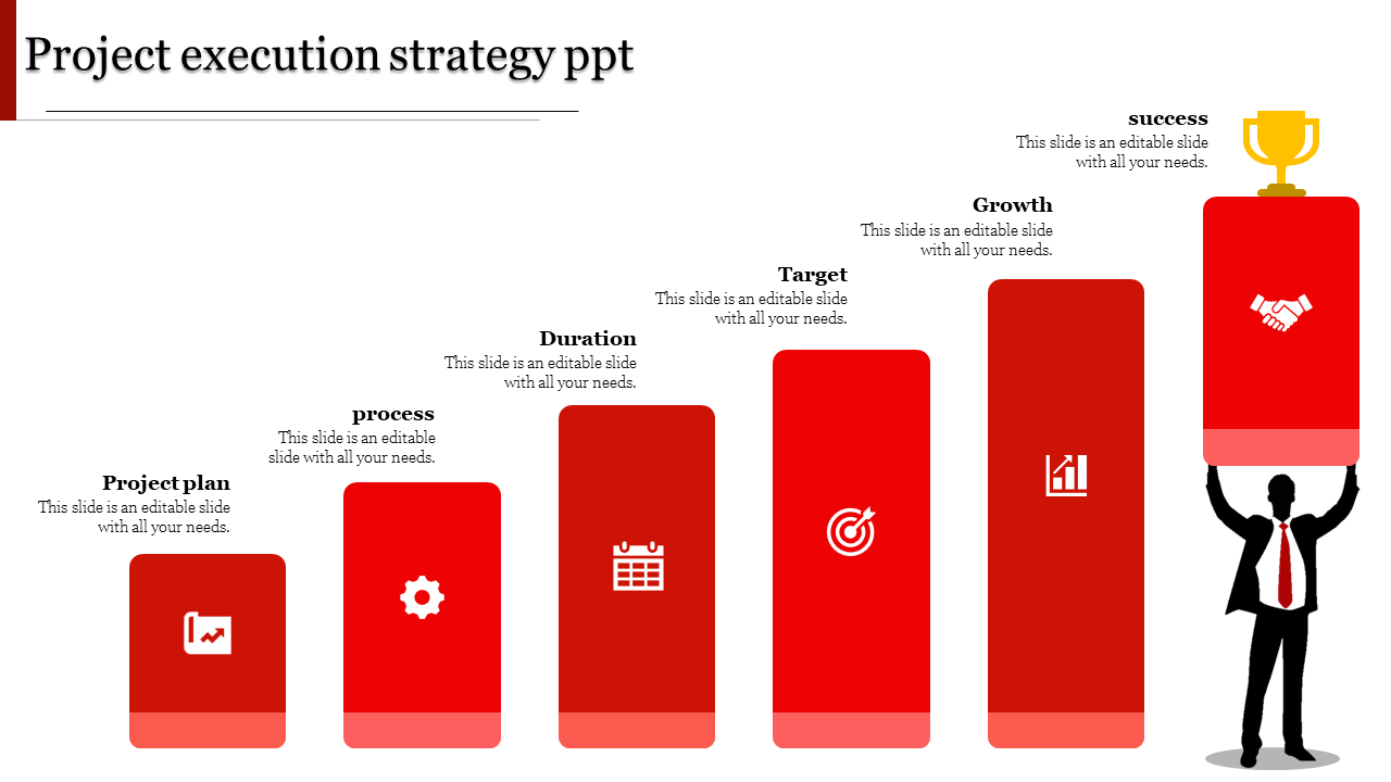 Project execution strategy infographic with increasing red blocks, symbolizing project phases from planning to success.