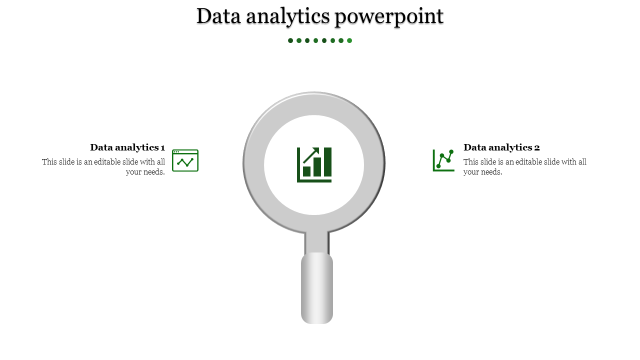 Magnifying glass at the center focusing on a green chart, with two data analytics icons on the left and right.