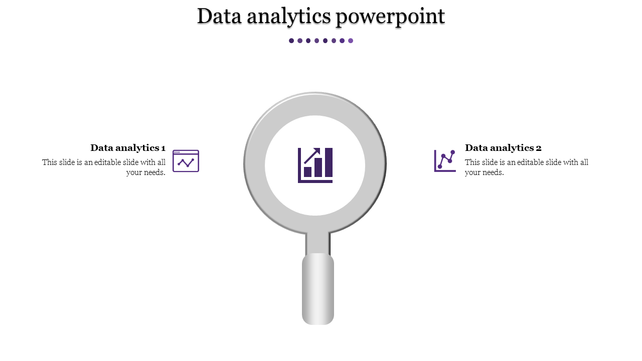 Data analytics PowerPoint template featuring two sections with icons for web data and charts, under a magnifying glass.