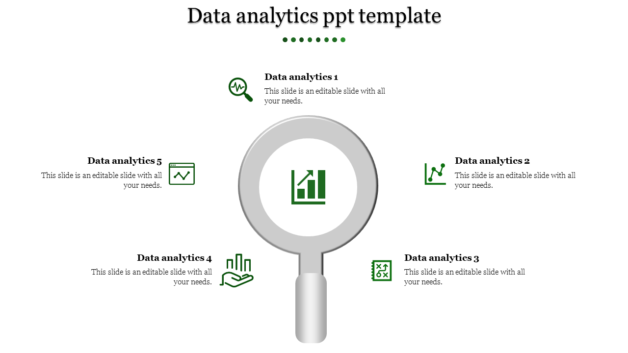 Data analytics PowerPoint template with six sections, each represented by green icons for data, charts, and analysis tools.