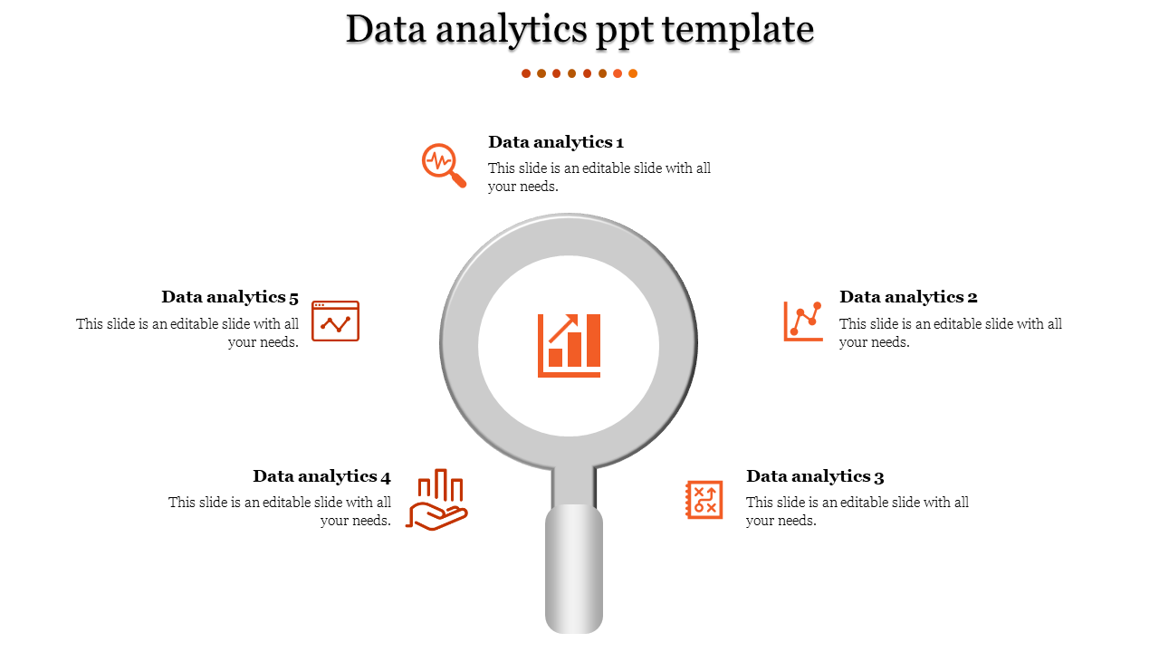 Magnifying glass at the center focusing on an orange chart, with  five data analytics icons around it.
