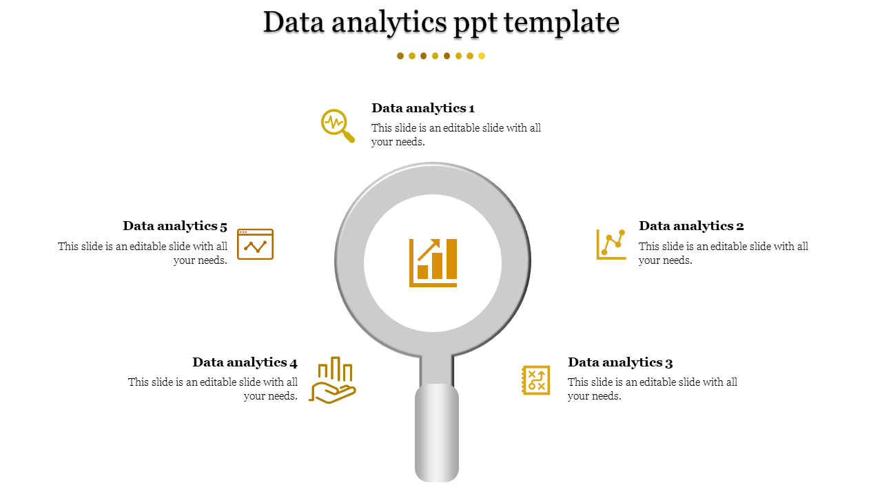 Data analytics PowerPoint template with six sections, each represented by icons for data, charts, and analysis tools.