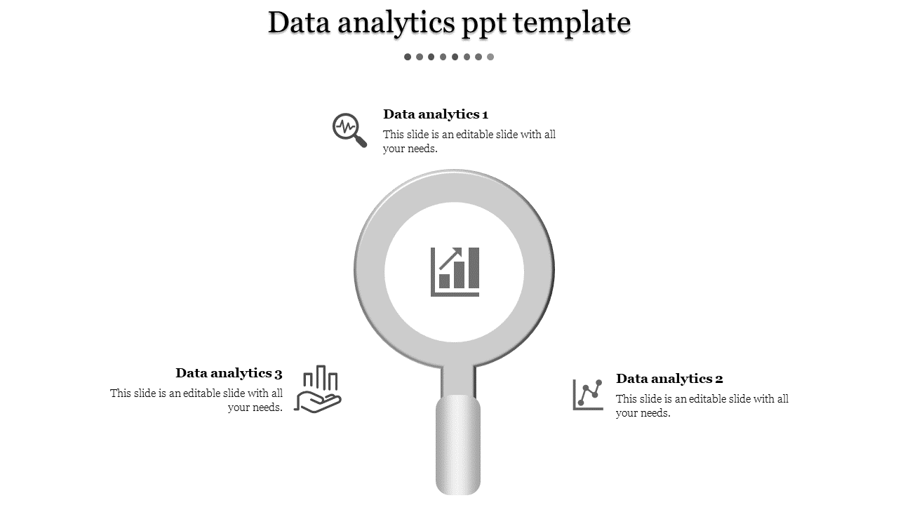 Gray magnifying glass icon in the center with three data analytics sections labeled around it, each with an icon.