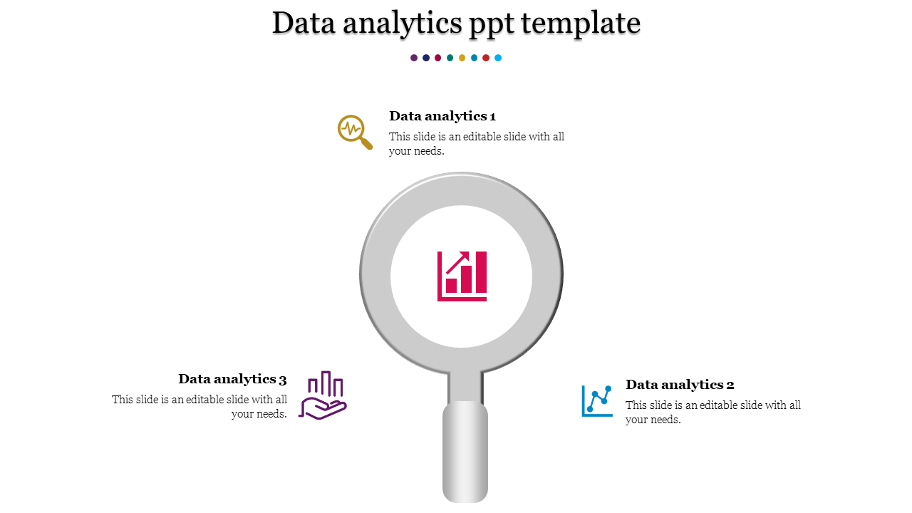 Infographic with a magnifying glass highlighting a pink bar chart, surrounded by icons in gold, purple, and blue.