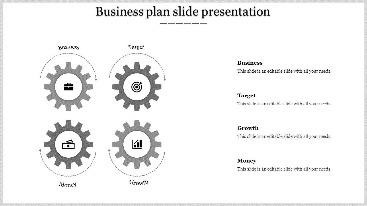 Gray themed layout featuring four gears and icons for business goals, paired with textual explanations on the right.