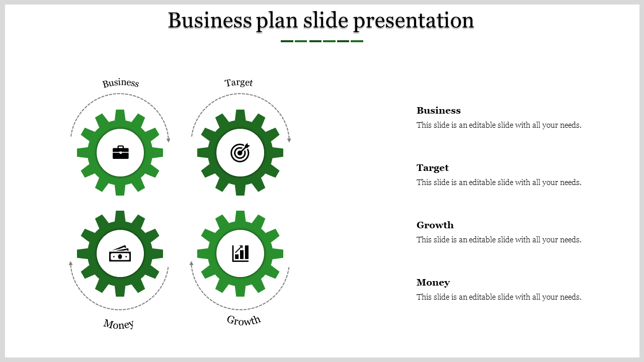 Green gears for business, target, money, and growth with connecting dashed lines each with caption areas.