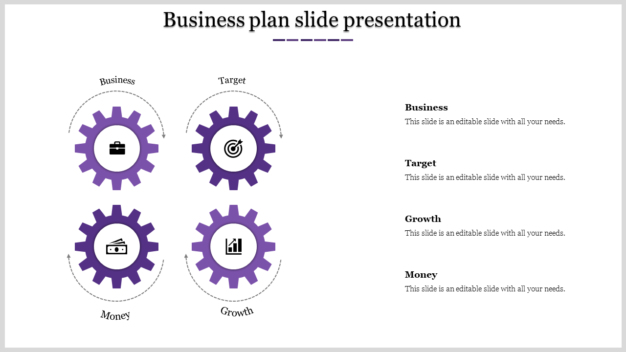 Circular gear shapes in purple, representing business elements with icons, arranged in two rows with text descriptions.