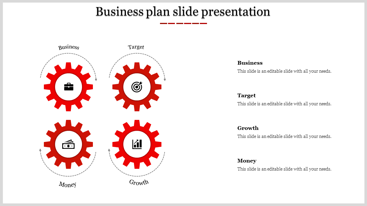 Four red gears with icons for business, target, money, and growth linked by arrows placed in white backdrop.