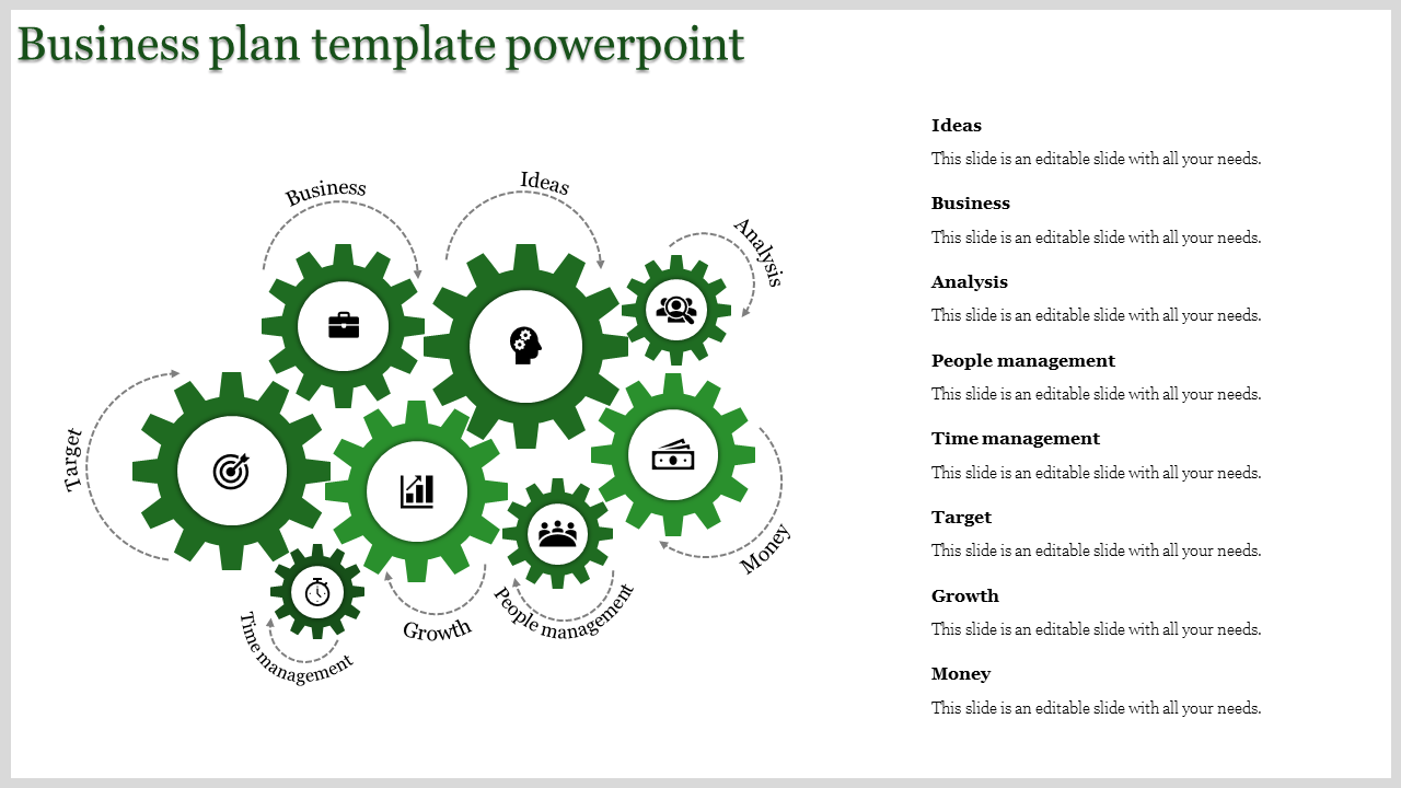 Eight green interlocked gears with icons representing various business elements and corresponding text on the side.
