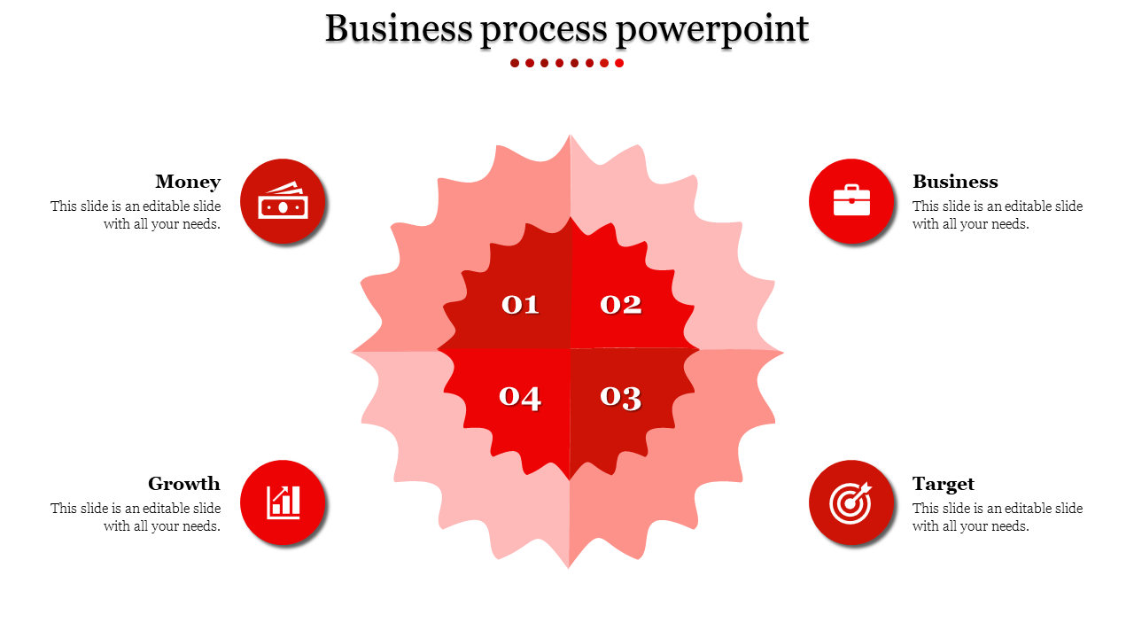 Starburst red layout divided into four parts, with related icons for money, growth, target, and business.