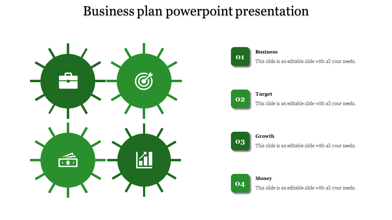 A green themed PPT slide featuring circular icons for Business, Target, Growth, and Money, with labeled sections for each.