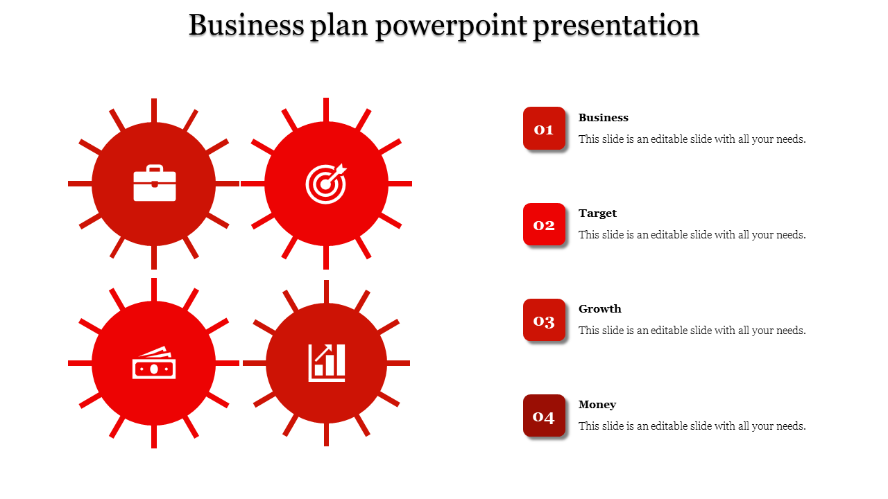 A red themed PPT slide featuring circular icons for Business, Target, Growth, and Money, with labeled sections for each.