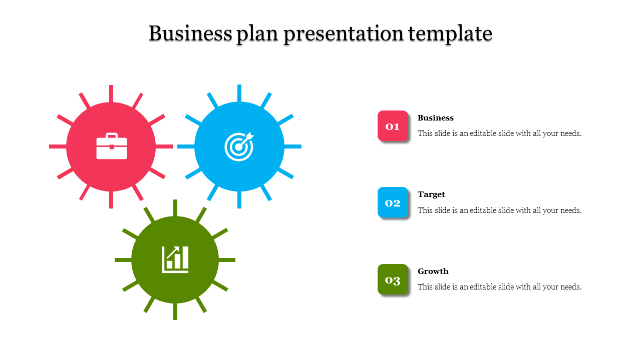 Circular infographic with red, blue, and green icons for business, target, and growth with caption areas in a white backdrop.