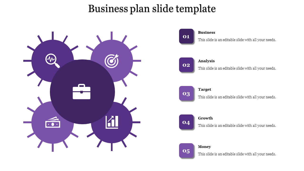 A slide featuring a central purple circle for Business surrounded by four other sections with icons and placeholder text.