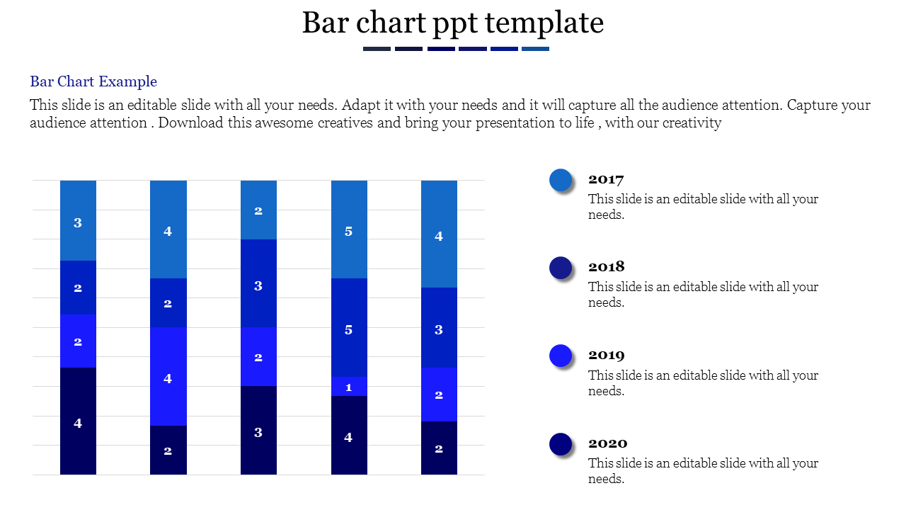 Slide showing a bar chart with values for 2017, 2018, 2019, and 2020, with each year represented in different shades of blue.