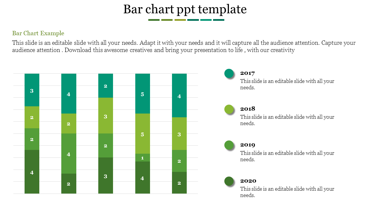 Stacked bar chart template with green gradients, showing data from 2017 to 2020, with labeled sections.
