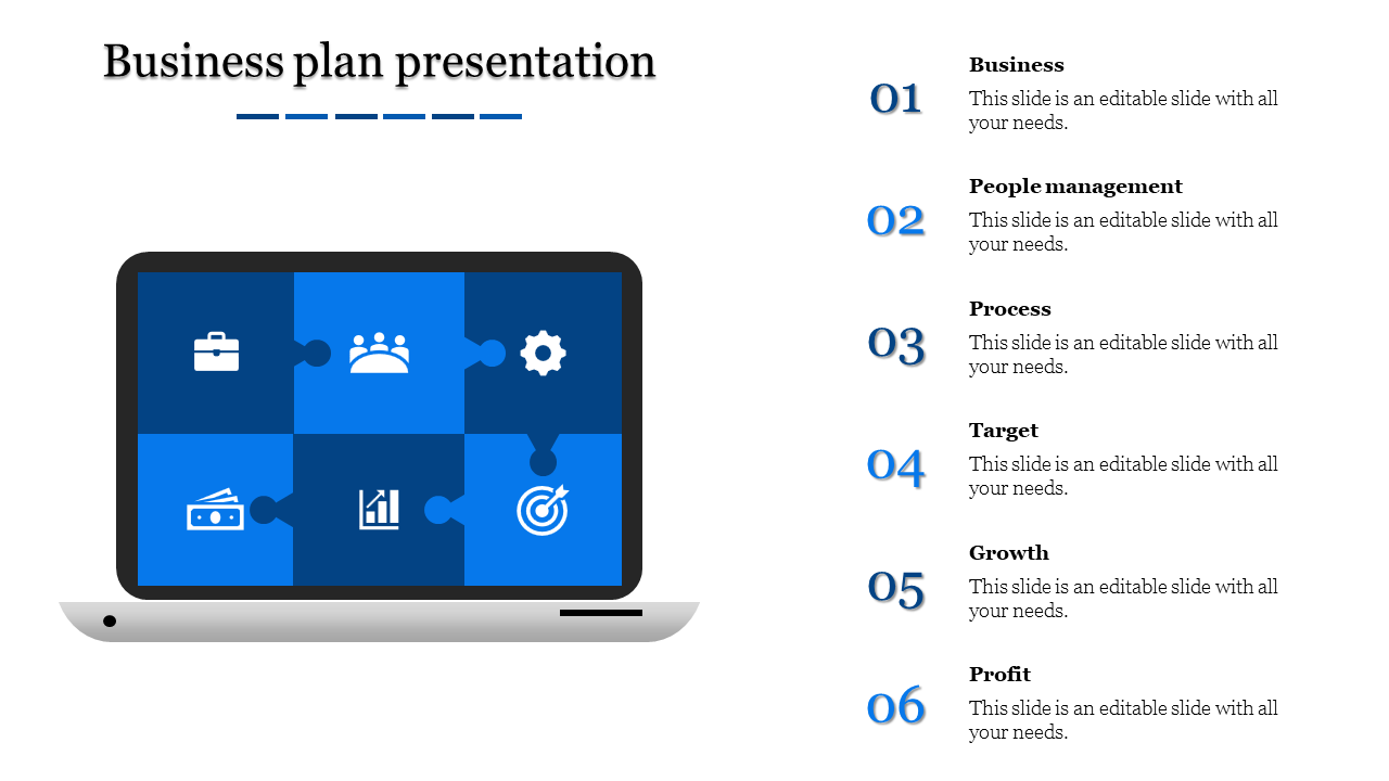 Business plan slide with a laptop showing blue puzzle pieces and six numbered steps with descriptions on the right.