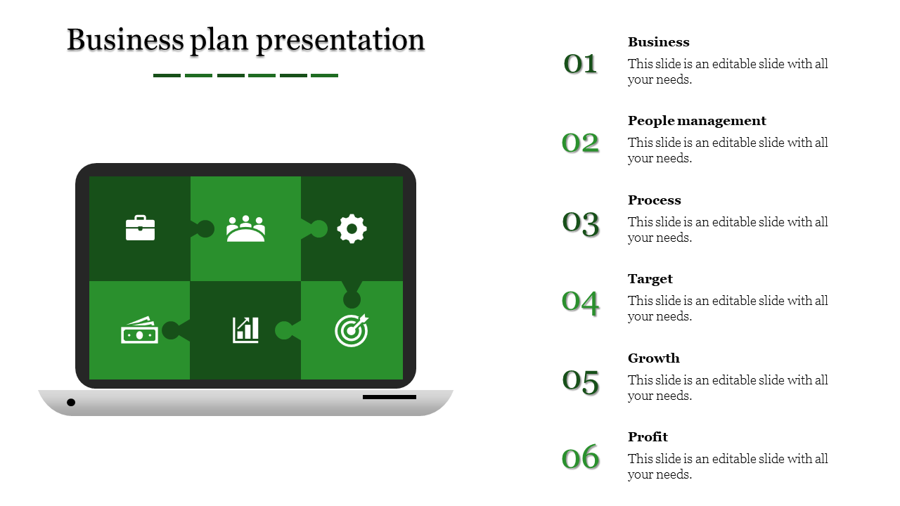 A business plan slide featuring a laptop with green puzzle pieces and icons from business to profit with placeholder text.