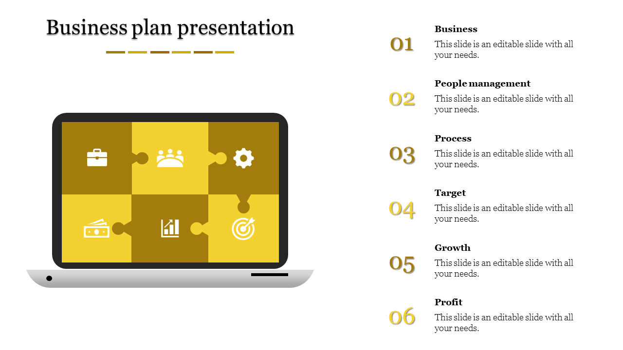 Slide showing a laptop screen with six yellow puzzle pieces representing business aspects and numbered steps listed beside.