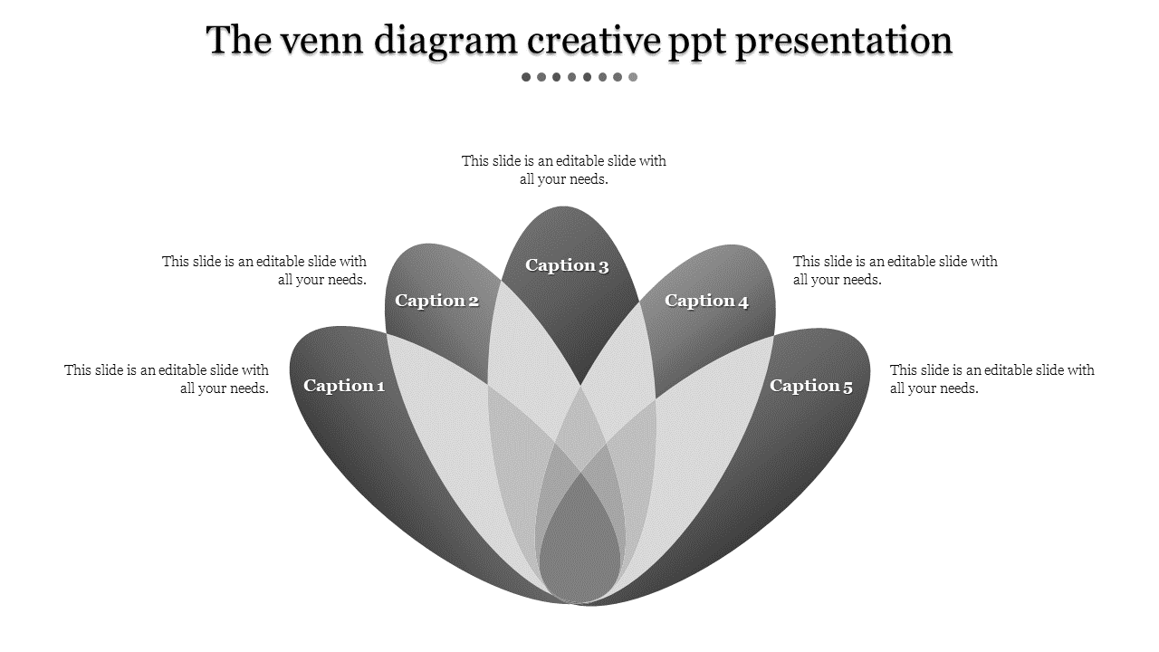 Venn diagram PowerPoint template with five overlapping sections in shades of grey, with placeholder captions.