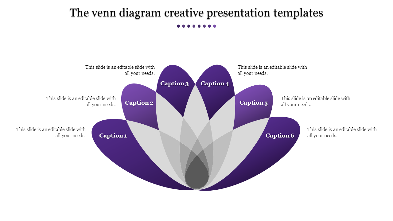 Creative venn diagram template featuring six intersecting purple petals with captions for each segment.