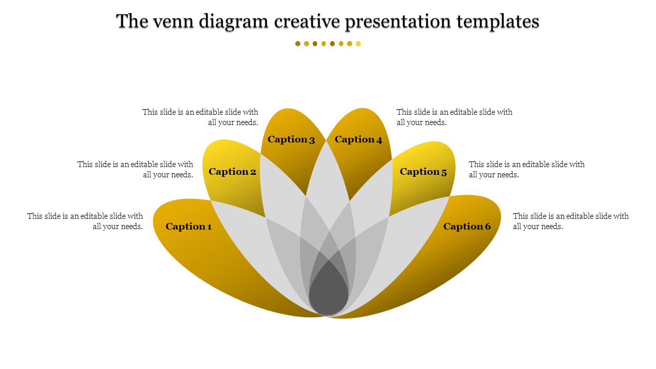 A creative yellow and grey shaded Venn diagram PowerPoint template with six sections labeled Caption 1 through 6 with text.