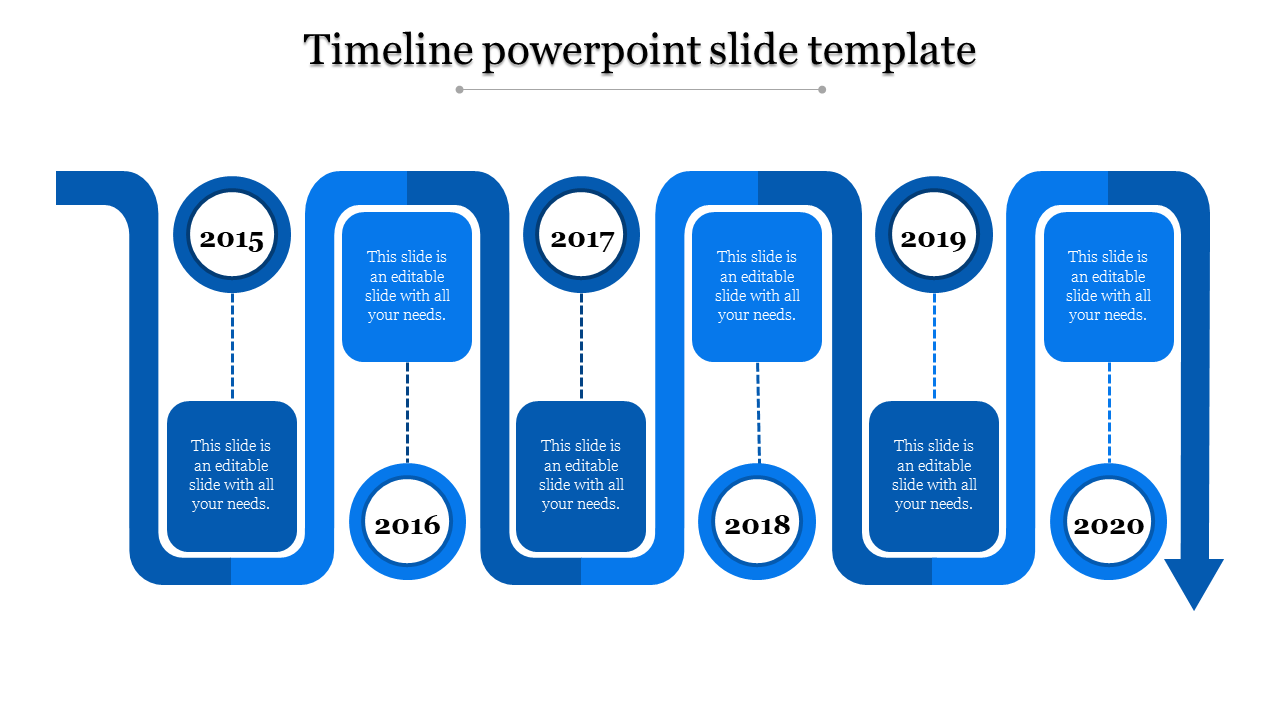 Blue timeline slide with curved paths representing milestones from 2015 to 2020, each linked to text boxes.