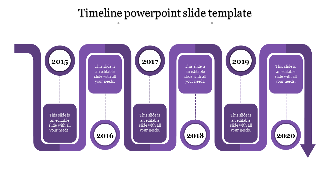 Timeline in burnt purple with four year nodes and content boxes, connected by dotted lines from 2017 to 2020.
