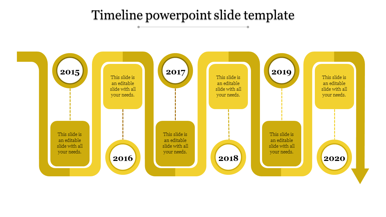 Timeline slide featuring six yellow paths with circular year markers, and text boxes for each milestone from 2015 to 2020.