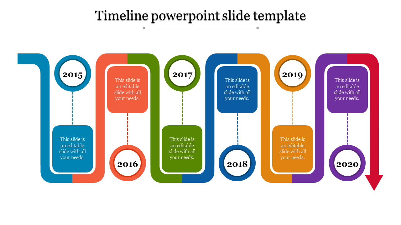 Colorful vertical timeline with curved pathways marking years 2015 to 2020, each year connected by a dashed line.