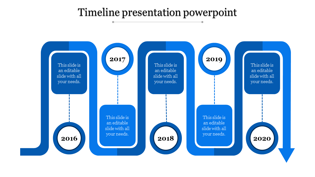 Timeline design in bright blue showing five milestone points, connected by curved paths and caption areas.
