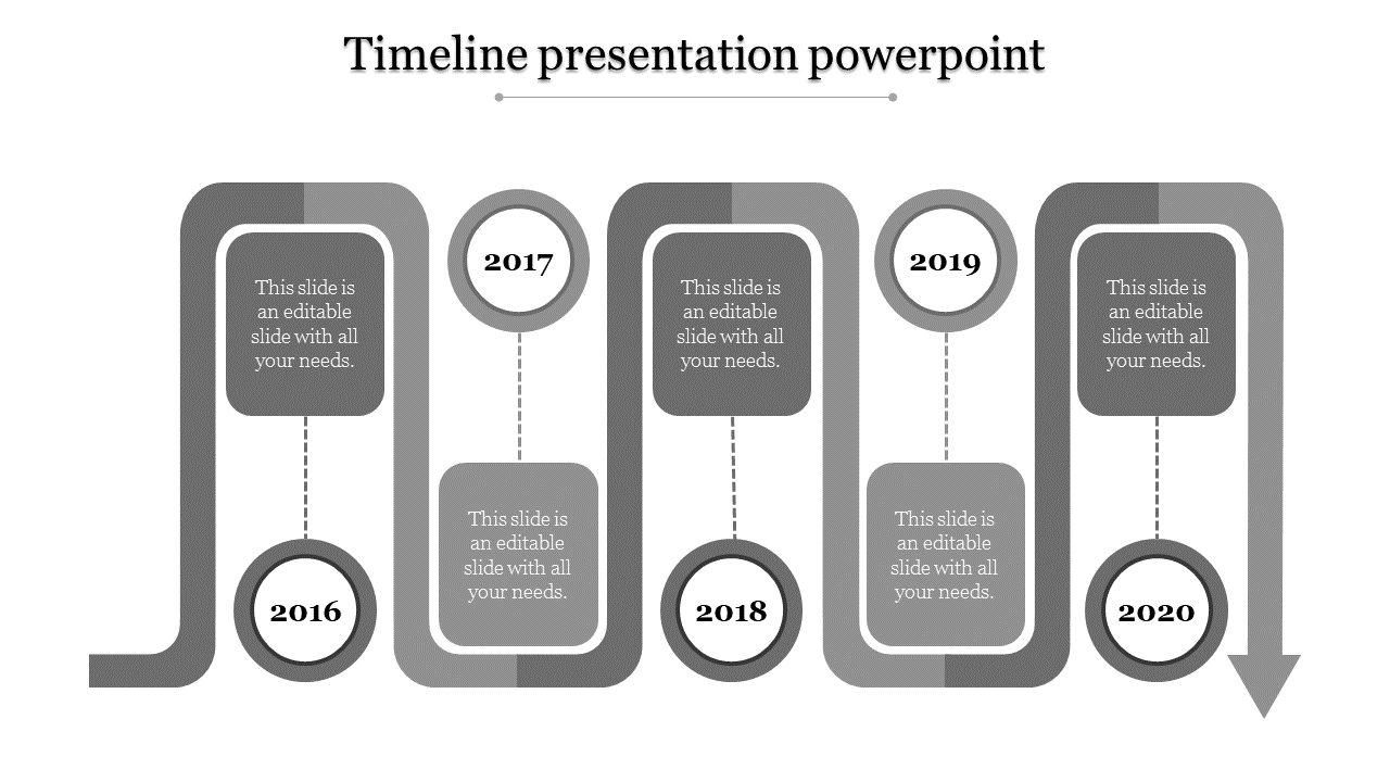 A grey timeline PPT template featuring the years 2016 to 2020 with captions and arrows indicating progression.