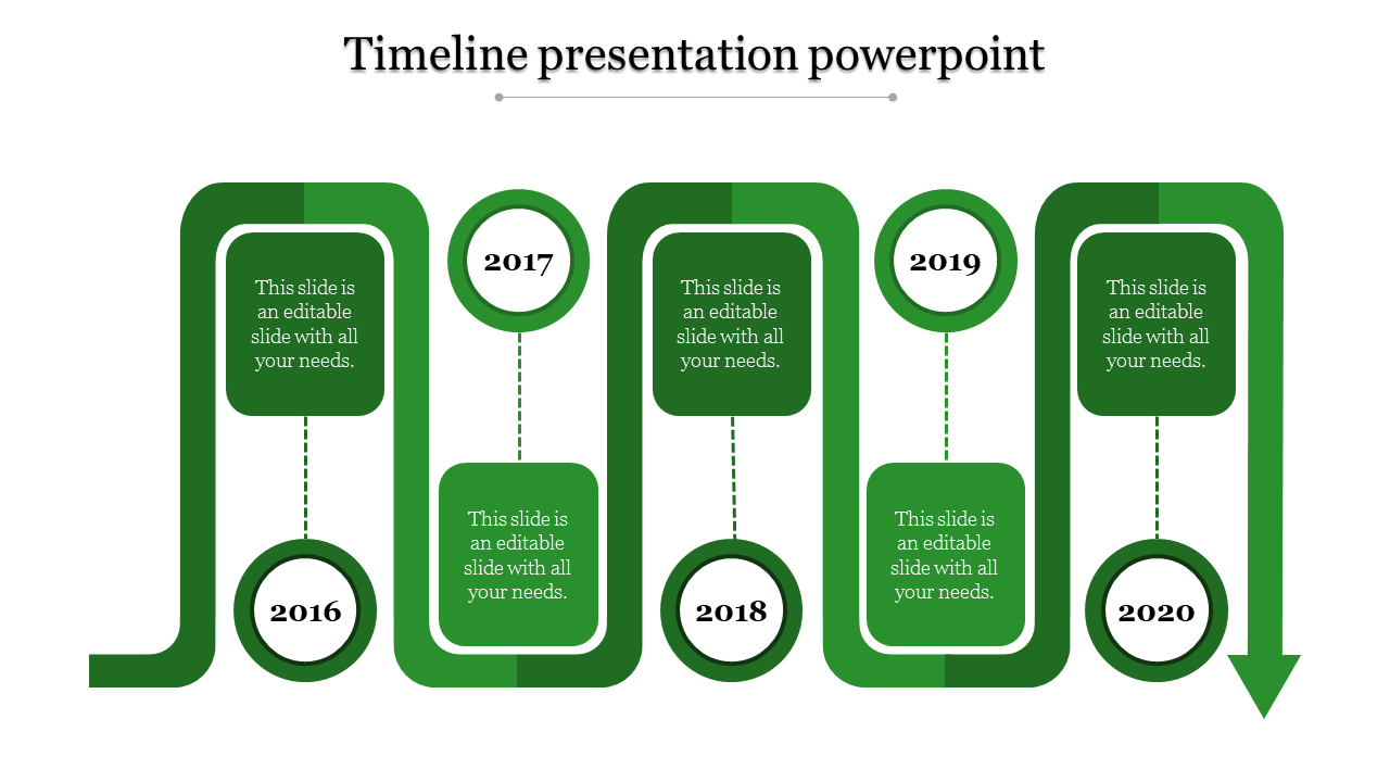 Green timeline with curved paths featuring circular year markers from 2016 to 2020, and connected text boxes.