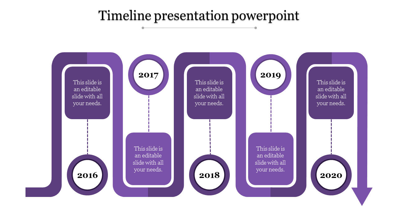 A purple timeline PPT template featuring the years 2016 to 2020 with captions and arrows indicating progression.