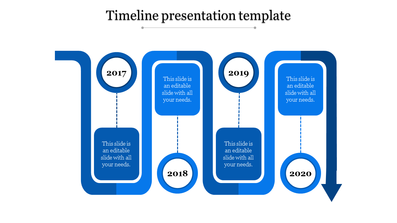 Angular timeline design with white-centered year markers and rectangular content areas in blue gradient tones.