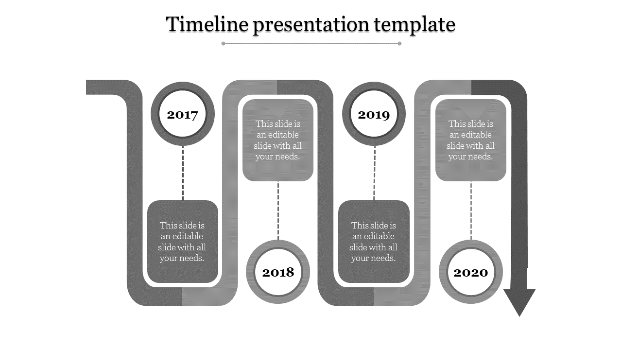 A timeline PowerPoint template featuring years 2017 to 2020 with text sections and grey themed icons for each year.
