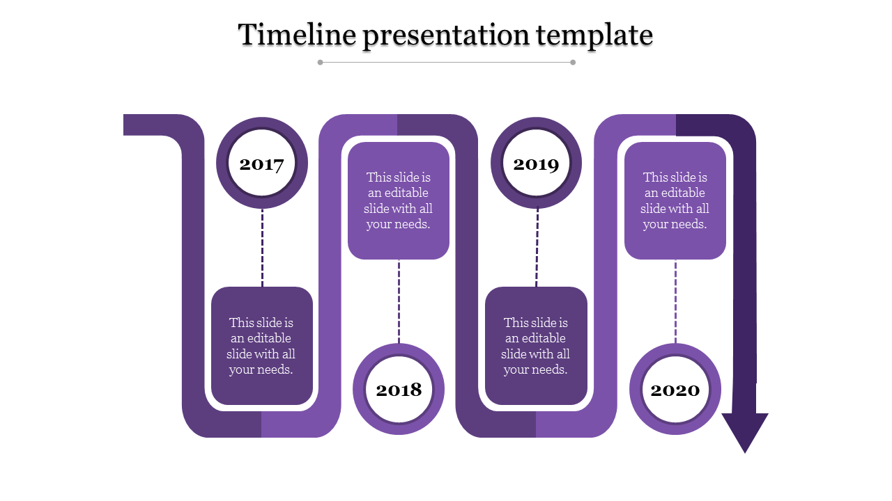 A timeline PowerPoint template featuring years 2017 to 2020 with text sections and purple themed icons for each year.
