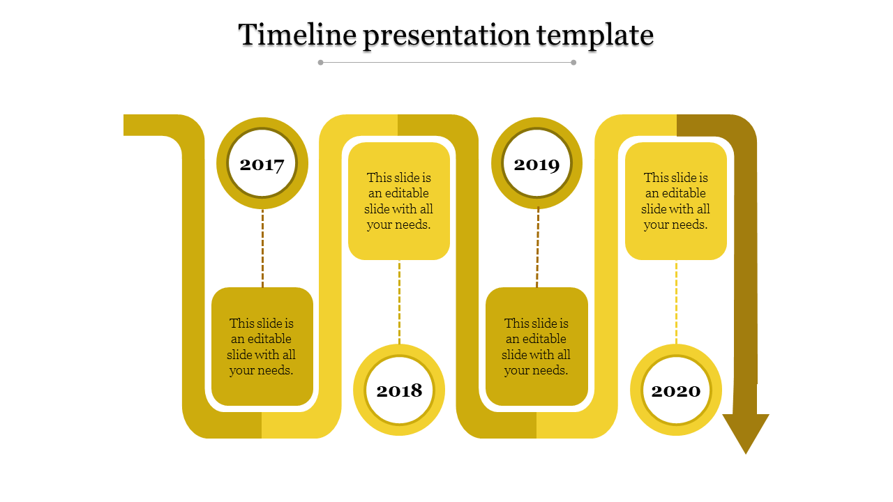 Minimalist yellow timeline with alternating circular nodes and rectangular text areas, connected by dotted lines