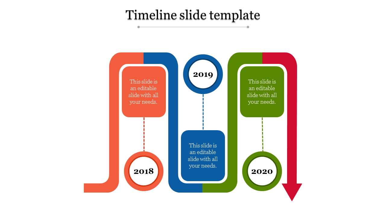 Colorful timeline slide with orange, blue, and green paths, labeled with years 2018, 2019, and 2020, ending in a red arrow.