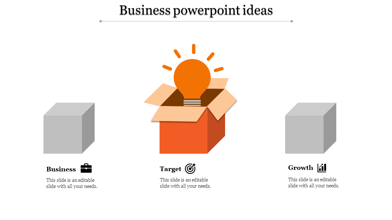 Business idea slide showing orange light bulb in a box, flanked by gray cubes for business and growth.