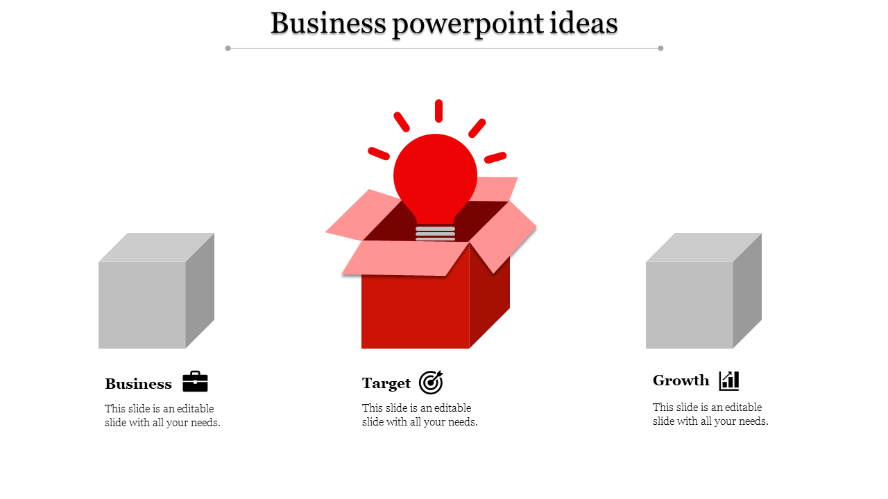 Infographic with a red box and light bulb in the middle, surrounded by gray cubes symbolizing business concepts.