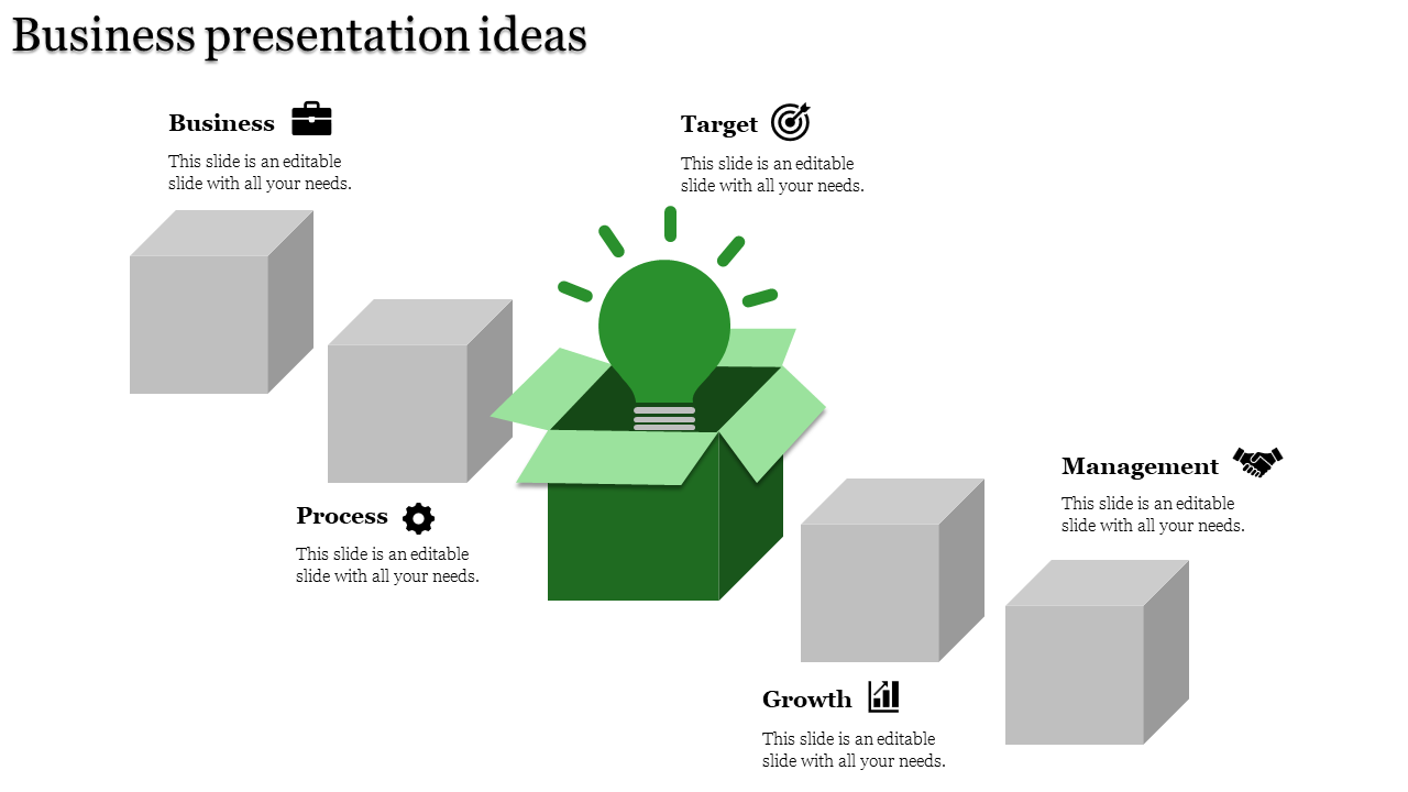 A business PPT slide featuring icons from business to management, with a glowing green light bulb in the center.