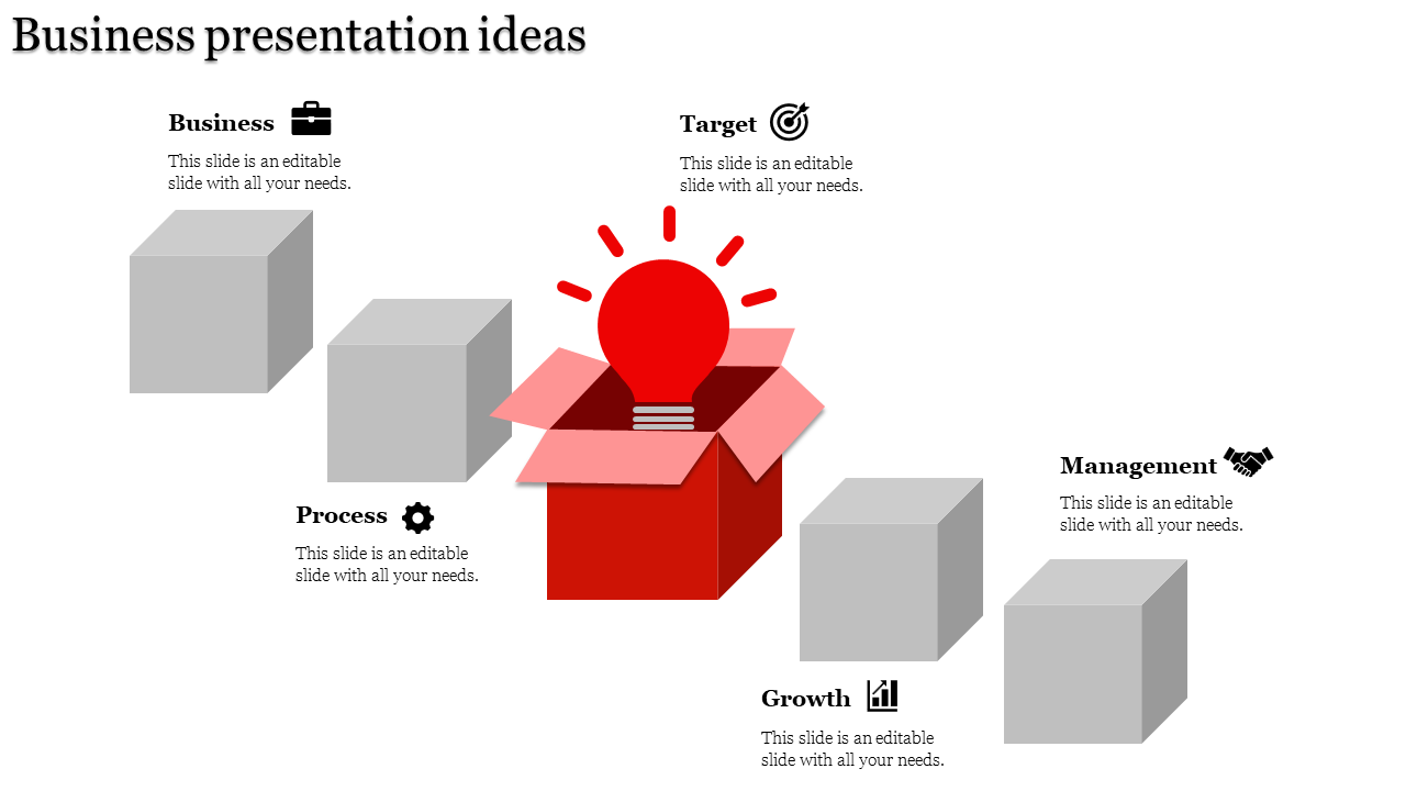 A business PPT slide featuring icons from business to management, with a glowing red light bulb in the center.