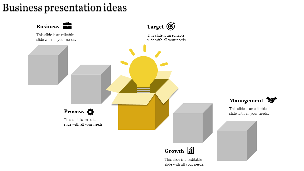 Central yellow light bulb in an open box with four gray cubes arranged diagonally on a white background.