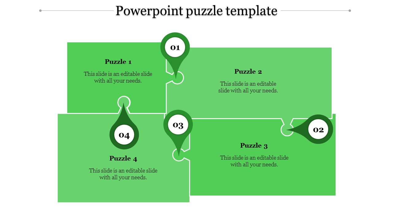 Numbered green puzzle pieces arranged in a connected layout with circular markers and placeholder text areas.