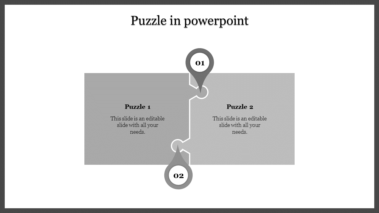 Two step puzzle design with gray blocks and numbered markers for sequential flow placed in a white background.