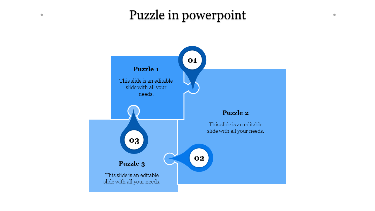 Three interlocking blue puzzle pieces with numbered drop shaped markers, arranged in a stepped layout.