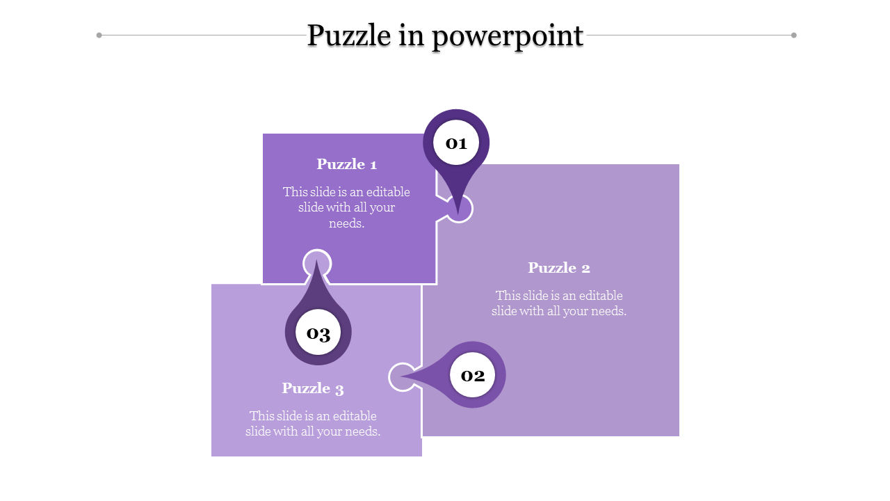 Three step puzzle design with purple blocks and numbered markers for sequential flow each with caption areas.
